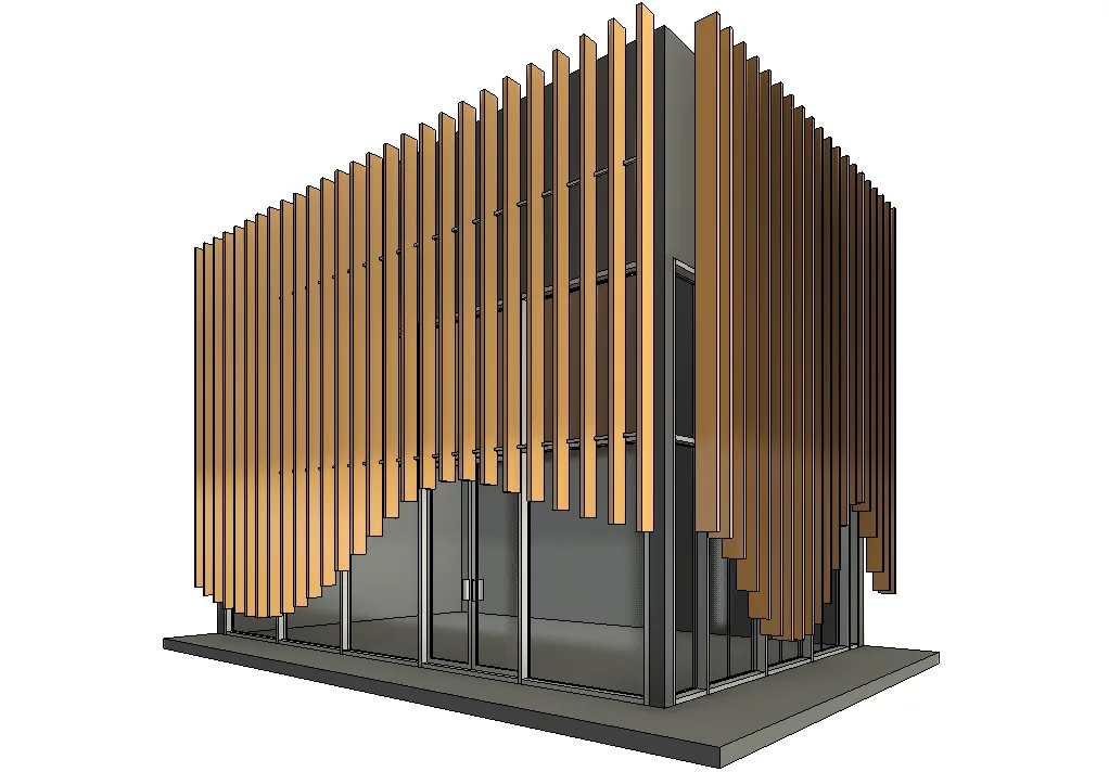 Parametric timber-fin facade study — BIM model of a glazed pavilion with rhythmic vertical fins