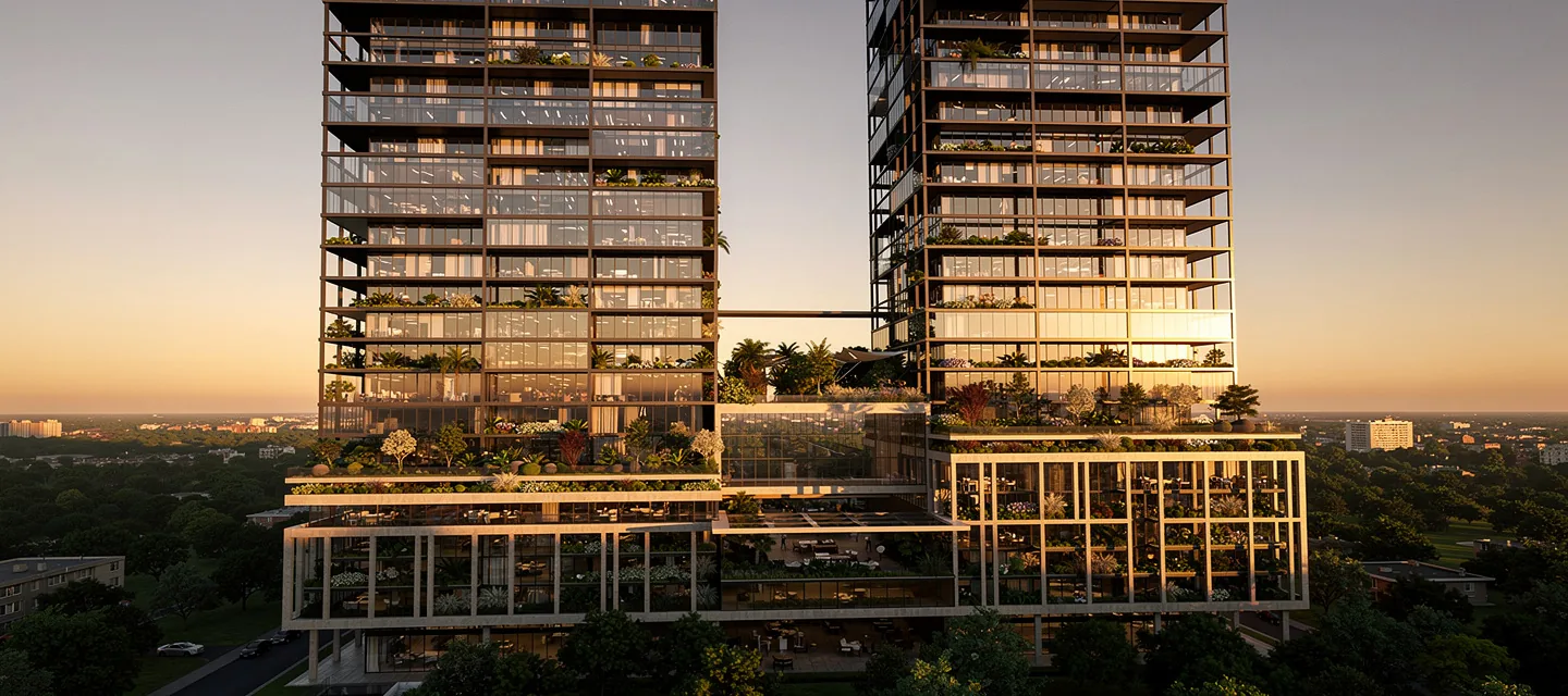 KP — twin office towers with planted terraces at dusk