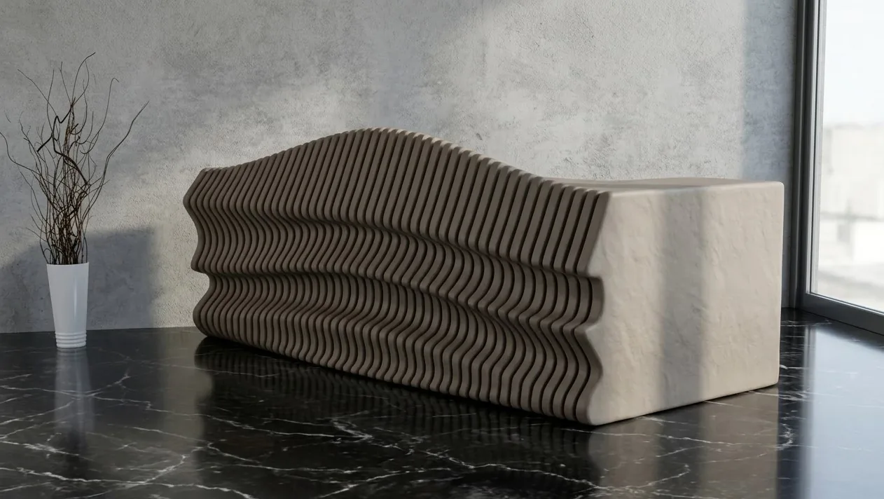 Parametric wave-form bench in stone — sectioned rib construction