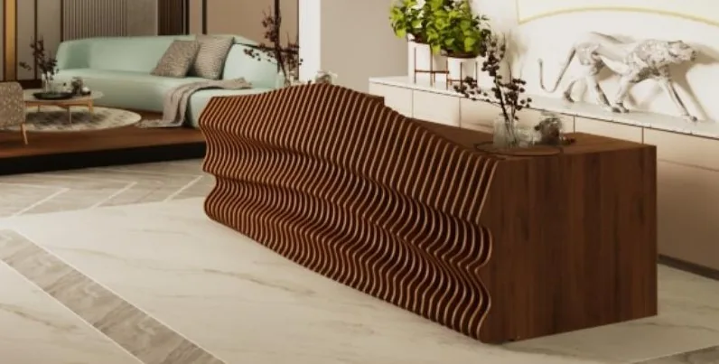 Parametric bench in walnut — lobby interior setting