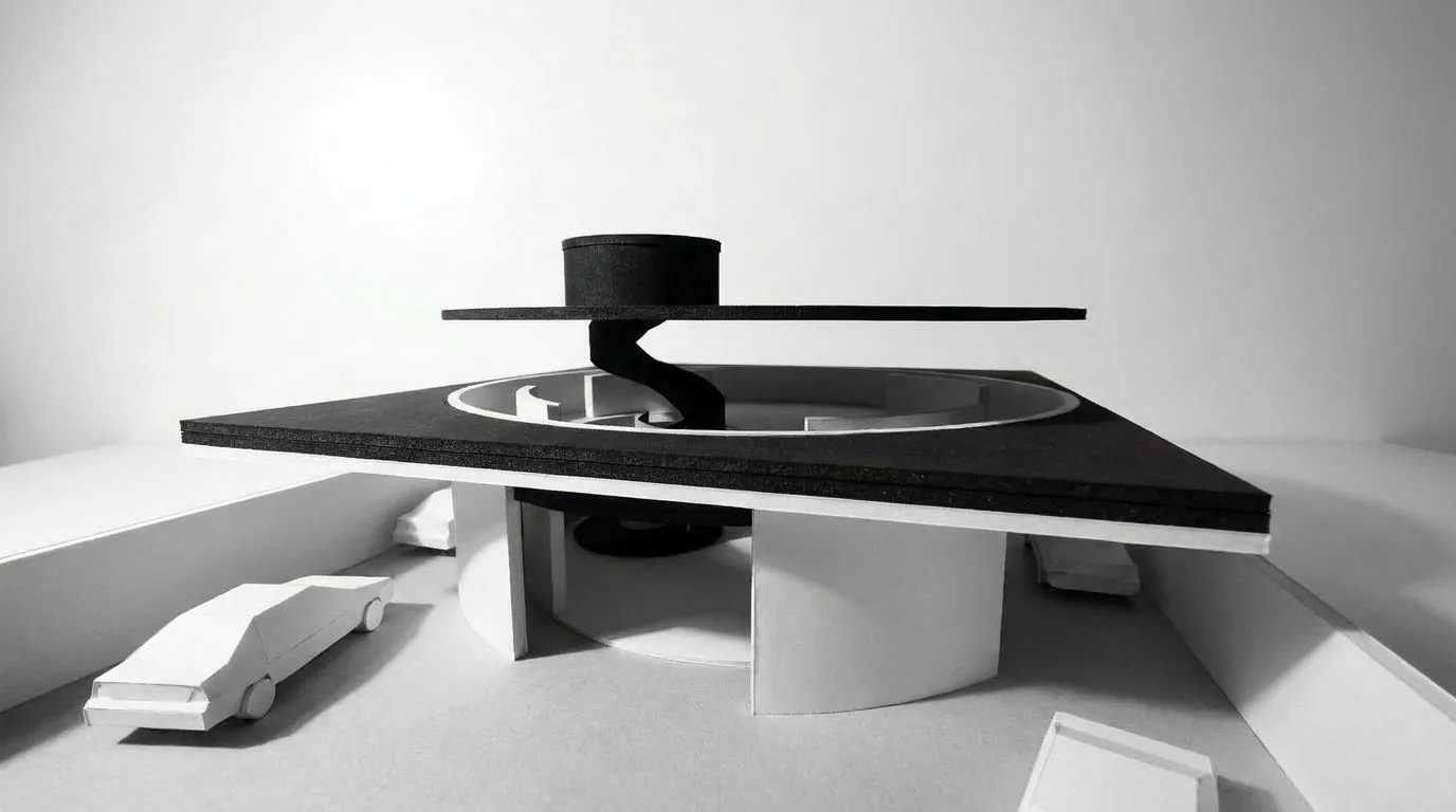 Circular pavilion — black and white massing model