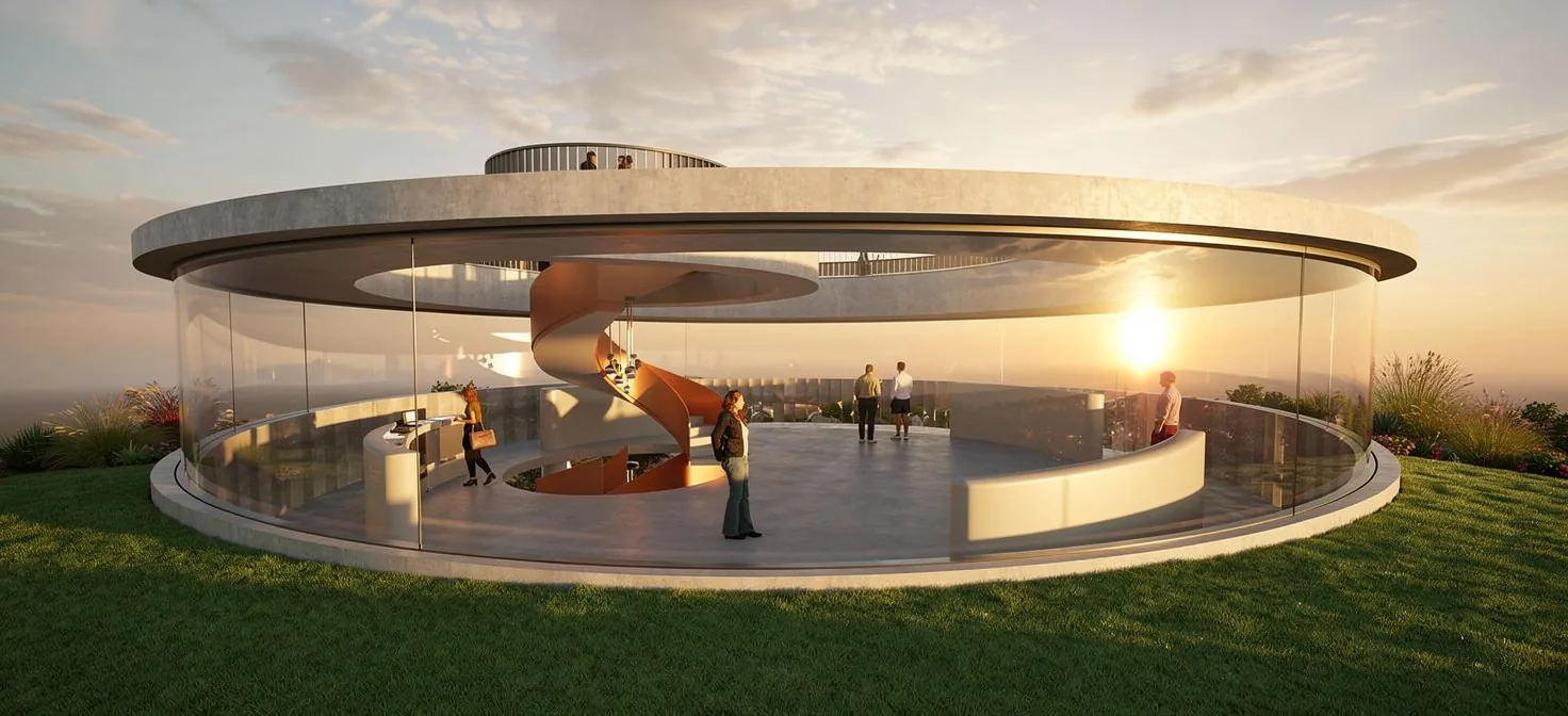 Circular glass pavilion study — spiral stair and rooftop deck at sunset