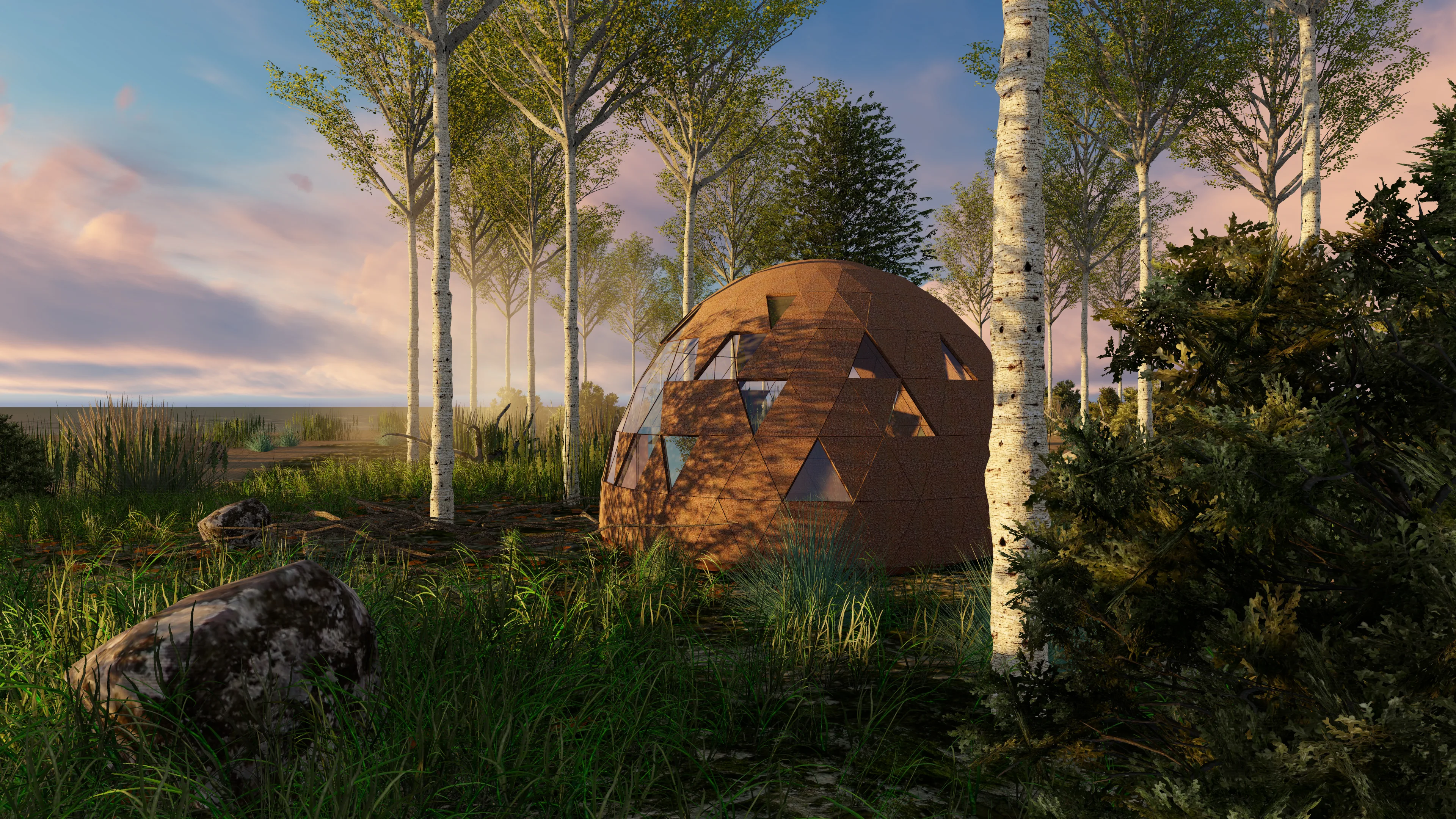 Cork-clad geodesic cabin in the birch landscape at dusk
