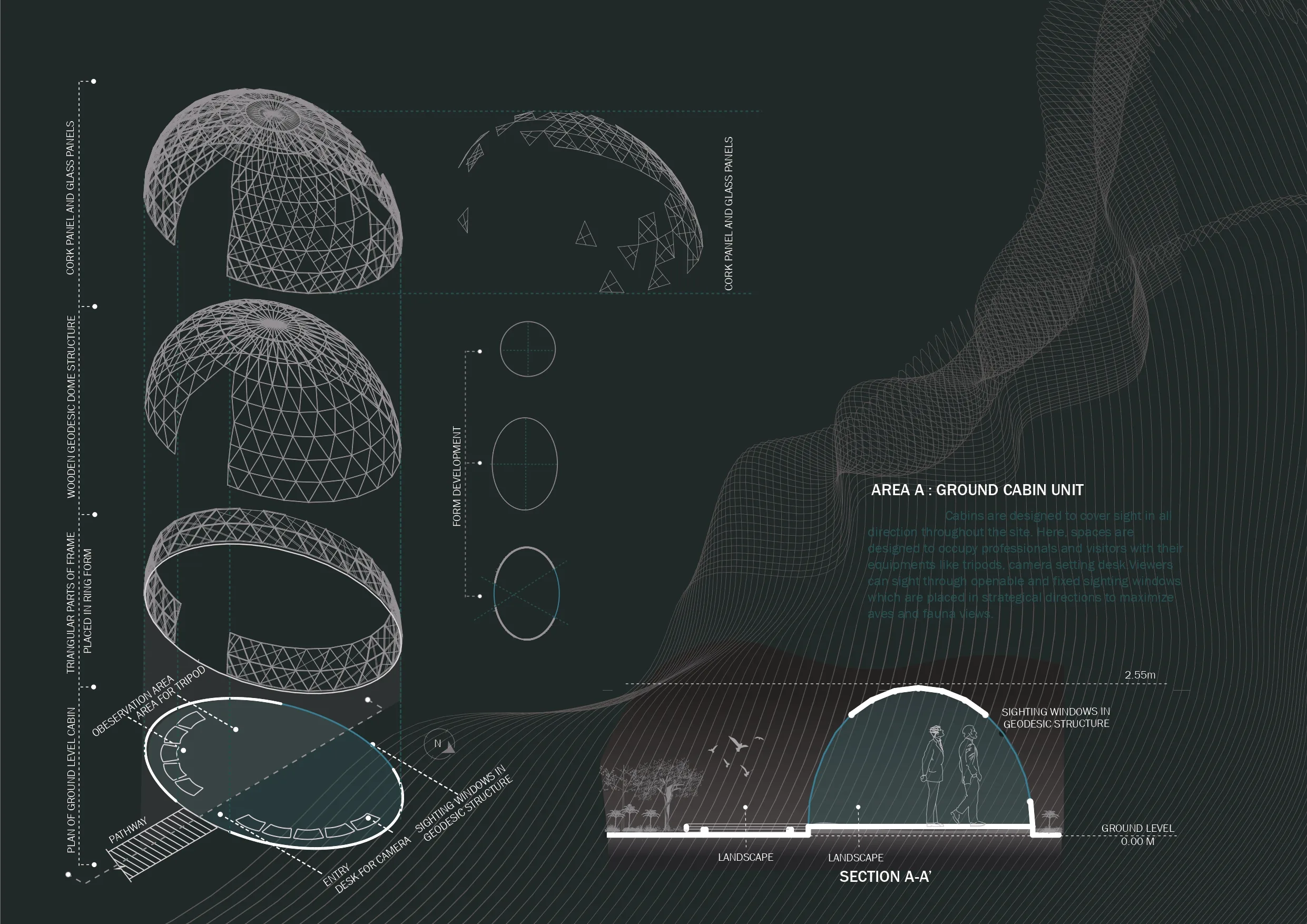 Ground cabin unit — exploded axonometric and section