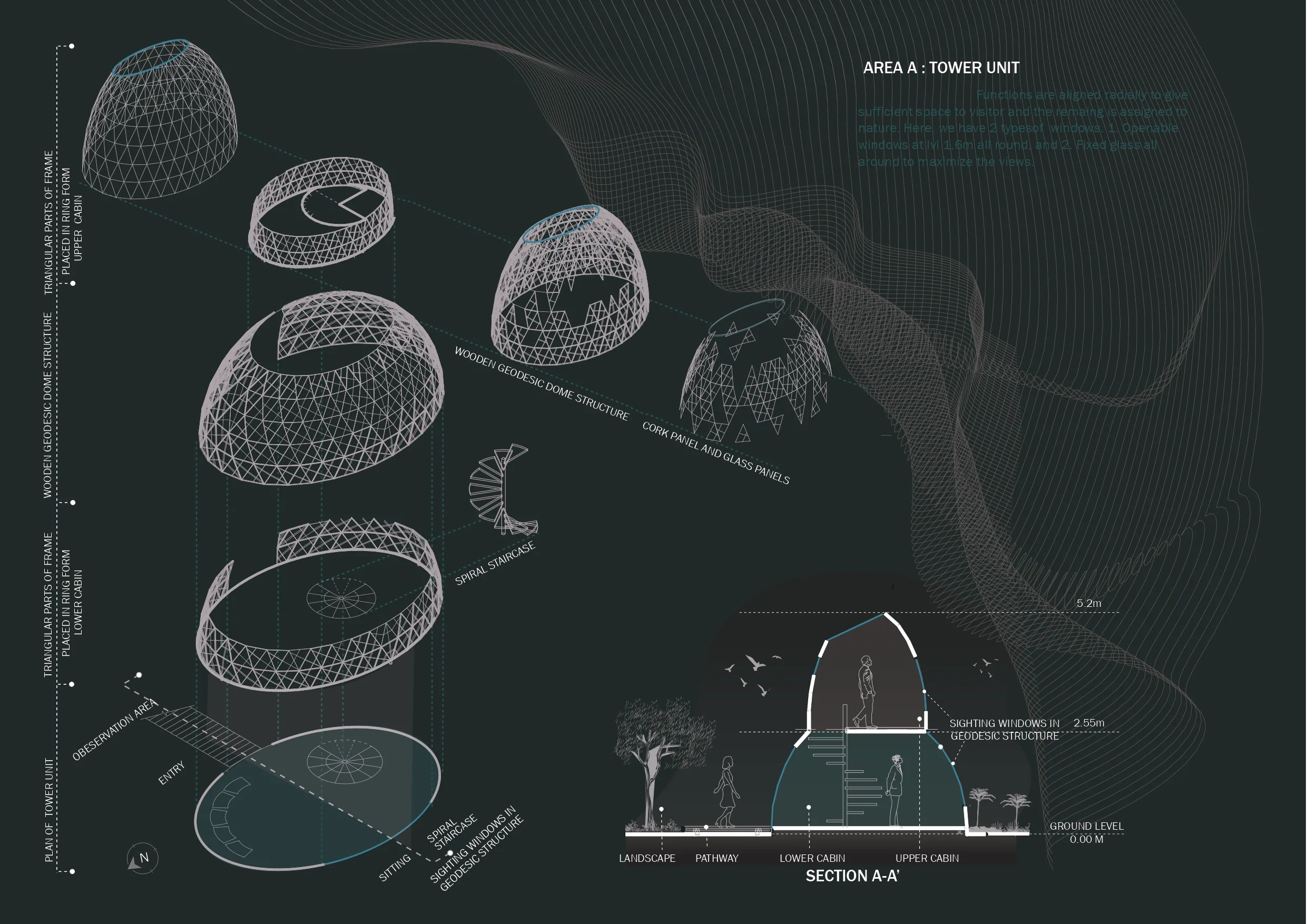 Tower unit — exploded axonometric and section